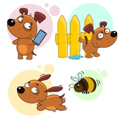 Set of illustrations with dogs. The dog runs away from the bee, pees on the fence, calls on the phone.