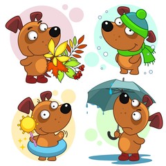 Set of illustrations with dogs. Seasons summer winter, spring and autumn. A dog under an umbrella, in a hat and scarf, with a bouquet of autumn leaves.