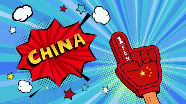 Pop art sports fan male hand in glove raised up celebrating win of China country flag 4k video. China speech bubble with stars and clouds mp4 in pop art style