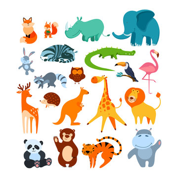 Big animal set. Collection of cute cartoon characters isolated on white background. Flat vector illustration.