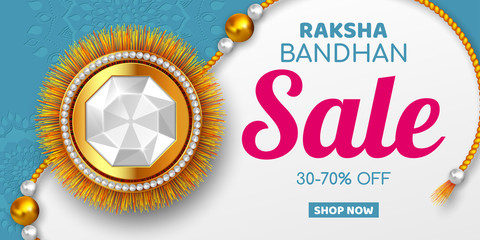 Raksha Bandhan sale promotion banner decorated rakhi. Rakhi festival discount offer. Vector illustration.