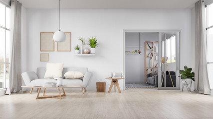 Interior poster mock up living room with colorful white sofa . 3D rendering.