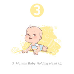 Little baby of 3 month.  Physical, emotional development milestones in first year.  Cute little baby boy or girl  in diaper hold head. First year. Infographics  with text. Vector illustration.