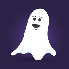 Cute ghost character flat style design vector illustration isolated on dark background. Halloween boo spooky symbol flying above the ground.