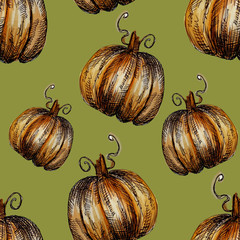 Seamless pattern hand-drawn watercolor pumpkins. It is the perfect for Thanksgiving Day, Halloween, greeting card. Print of green background.