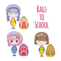 Bags to school with little kawaii girls. Bag sale concept. Cartoon style. Children stickers , kids illustration, toddlers fashion prints