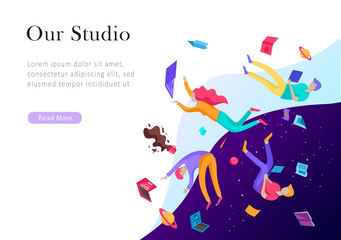 landing page template. Inspired People flying. Create your own spase. Character moving and floating in dreams, imagination and freedom inspiration design work. Flat design style