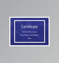 Blue polygonal certificate with white frame. Modern gift card template with sample text. A4/A5 standard size. Vector illustration 