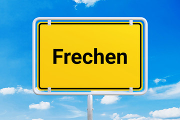 Stadt Frechen. Gelbes Schild, Ortsschild, Ortseingangsschild. Himmel mit Wolken.