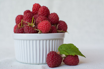 Fresh, sweet raspberries in a white ceramic cup.