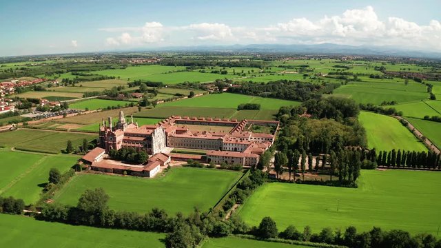 Aerial 4K - Certosa di Pavia Gra-Car (Gratiarum Carthusia - Monastero di Santa Maria delle Grazie - Sec. XIV)