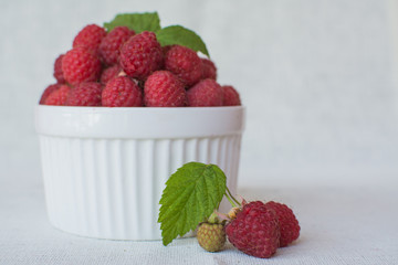 Fresh, sweet raspberries in a white ceramic cup.