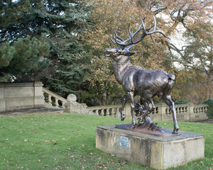 Bronze statue of a stag outside Cartwright Hall in Lister Park, Manningham, Bradford, which won UK Park of the Year 2006 and has been nominated again in 2019