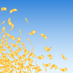 Korean won notes falling. Small WON bills on blue 