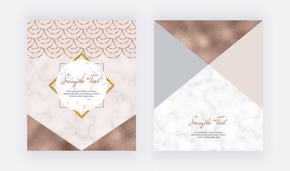 Fashion geometric design with pastel pink, copper foil triangles shapes and golden lines. Trendy templates for wedding invitation, banner, card, flyer, poster, greeting.