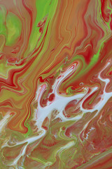 Abstract blurred background. Green, red and white acrylic fill. Cropped shot, vertical, close-up,...