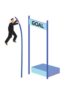 Businessman pole vaulting over goal. Concept of goal management, goal setting or motivation.