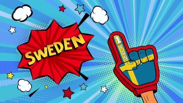 Pop art sports fan male hand in glove raised up celebrating win of Sweden country flag 4k video. Sweden speech bubble with stars and clouds mp4 in pop art style