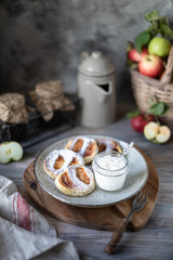 Fresh homemade pancake with apples, honey and cinnamon