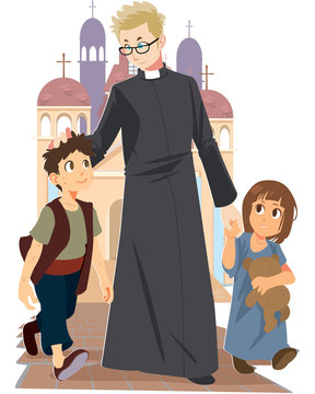  vector of priest walking with children on floor outside church background.