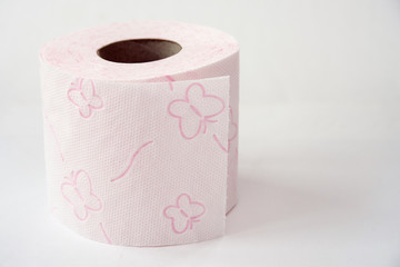 pink toilet paper roll, white background, close-up, butterflies on toilet paper, clean toilet paper