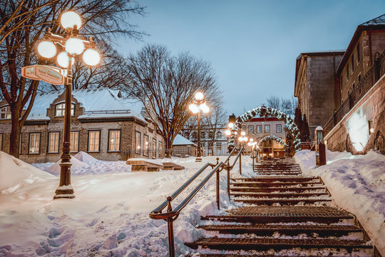 Several photos of the old town of Quebec, Chateau Frontenac, Petit Champlain neighborhood, Porte St-Jean. Winter and fall season. Province of Quebec, Canada