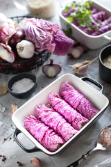 Stuffed Red Beijing Cabbage. The process of cooking purple cabbage with meat