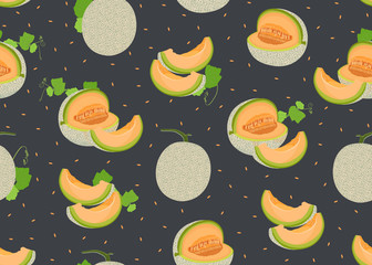 Melon whole and slice seamless pattern on black background with seed, Fresh cantaloupe melon pattern background, Fruit vector illustration.