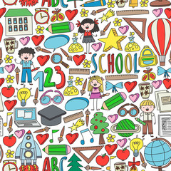 Fototapeta premium Seamless vector set of Back to School icons in doodle style. Painted, colorful, pictures on a piece of paper on white background.
