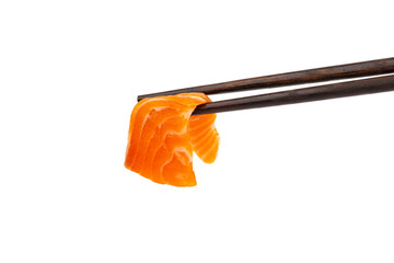 Salmon raw sashimi with chopsticks on a white background