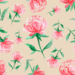 Pink peony flowers, watercolor painting - seamless pattern on beige background