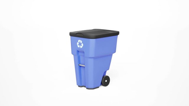 Blue plastic garbage bin with recycling logo. Isolated on white background. Rotates 360 degree. 60 fps animation.