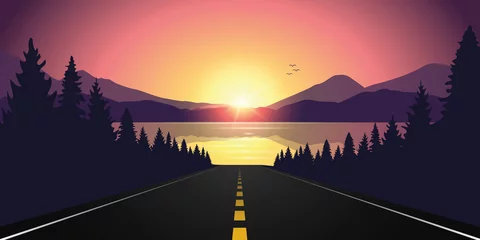 Gartenposter road to the lake in the forest at sunrise with mountain landscape vector illustration EPS10 © krissikunterbunt
