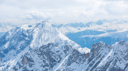 Panorama scene of snowy mountain in Germany with clear blue sky