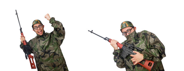 Military man with a gun isolated on white