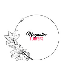 Magnolia Contour Drawing Branch. Circle or Round Frame for Wedding Design. Isolated Vector Elegant Illustration