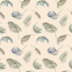 Flying palm leaves. Vector seamless pattern.