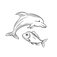 Dolphin and fish monochrome flat vector illustration. Sea animals, intelligent mammal freehand sketch. Saltwater creature black ink drawing. Marine life, fauna representative sketched outline