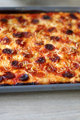 Homemade pizza with tomato sauce, parmesan cheese, pepperoni, chorizo and onion. Selective focus.