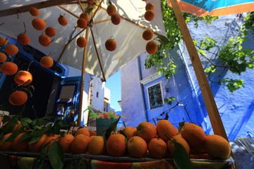 Blue street walls of the popular city of Morocco, Chefchaouen. Traditional moroccan architectural details. - 281641064