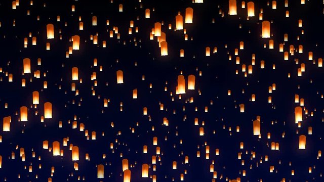 Many flying sky lanterns rising up in the night sky during festival. 3-D Seamless looping animation.