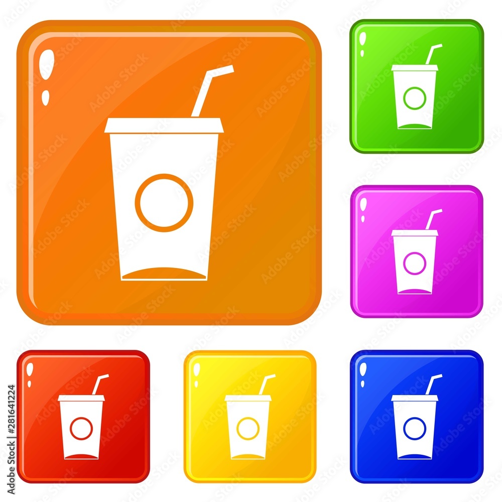 Poster soft drink in paper cup icons set collection vector 6 color isolated on white background