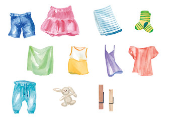 洗濯物衣類いろいろの水彩イラスト