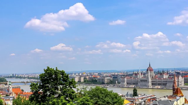 Budapest city skyline, historic district with parliament building and Danube river in Hungary, time lapse