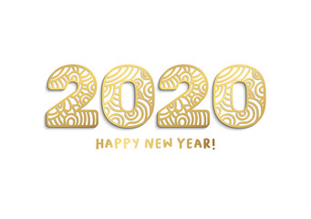 2020 happy new year golden laser cut lettering. Chinese zodiac with ornate numbers isolated on white background.Paper cut clipart. New Year greeting card, banner vector template