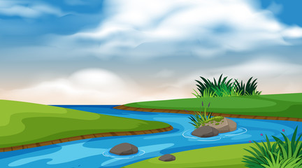 Landscape background design of river and blue sky
