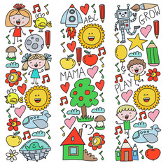 Time to adventure. Imagination creativity small children play nursery kindergarten preschool school kids drawing doodle icons pattern, play, study, learn with happy boys and girls Let's explore space.