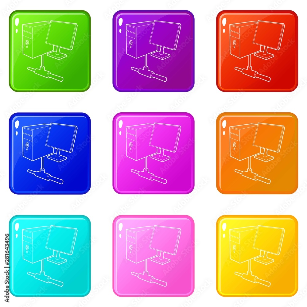 Poster computer monitor and cpu unit icons set 9 color collection isolated on white for any design