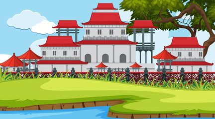 An outdoor scene with Asian castle