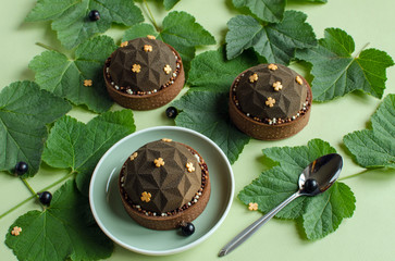 Set of contemporary chocolate and black currant mini mousse tarts covered with brown velvet spray decorated with chocolate crispy balls on green background